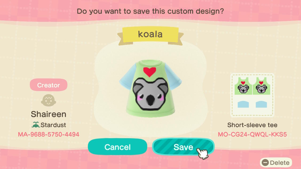 Animal Crossing Design Code: MO-CG24-QWQL-KKS5 koala