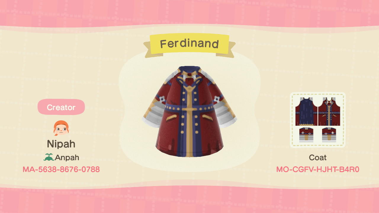 Animal Crossing Design Code: MO-CGFV-HJHT-B4R0 FE3H Ferdinand