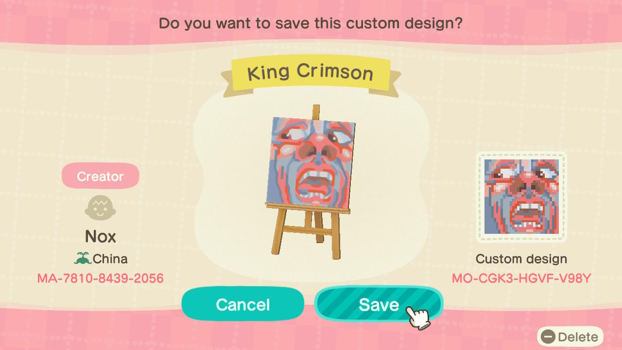 Animal Crossing Design Code: MO-CGK3-HGVF-V98Y King Crimson Album