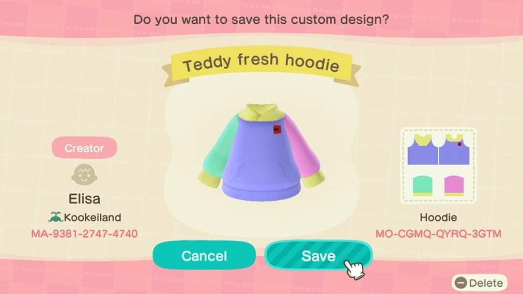 Animal Crossing Design Code: MO-CGMQ-QYRQ-3GTM Teddy Fresh hoodie