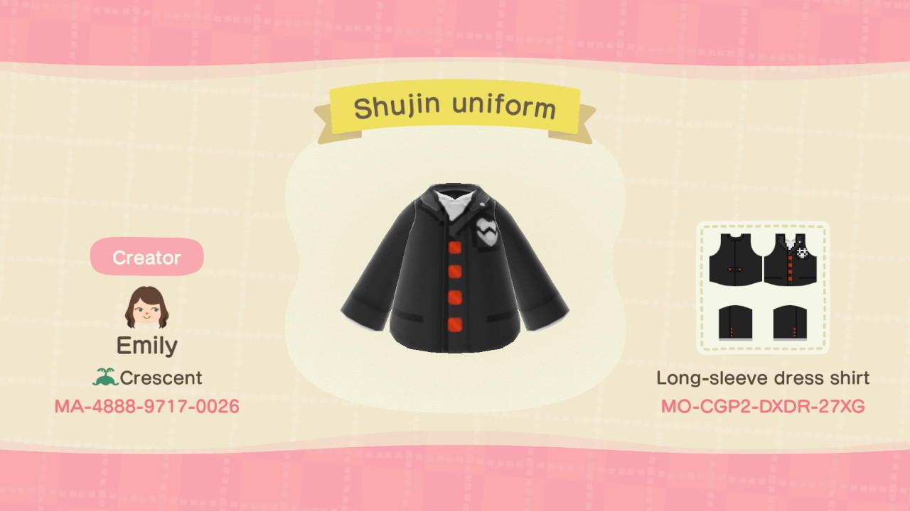 Animal Crossing Design Code: MO-CGP2-DXDR-27XG Shujin uniform