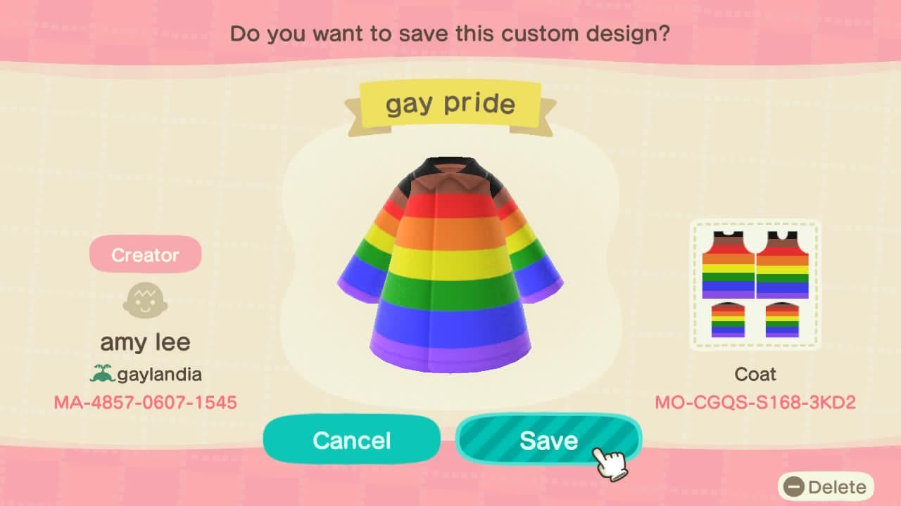 Animal Crossing Design Code: MO-CGQS-S168-3K2D Gay Pride