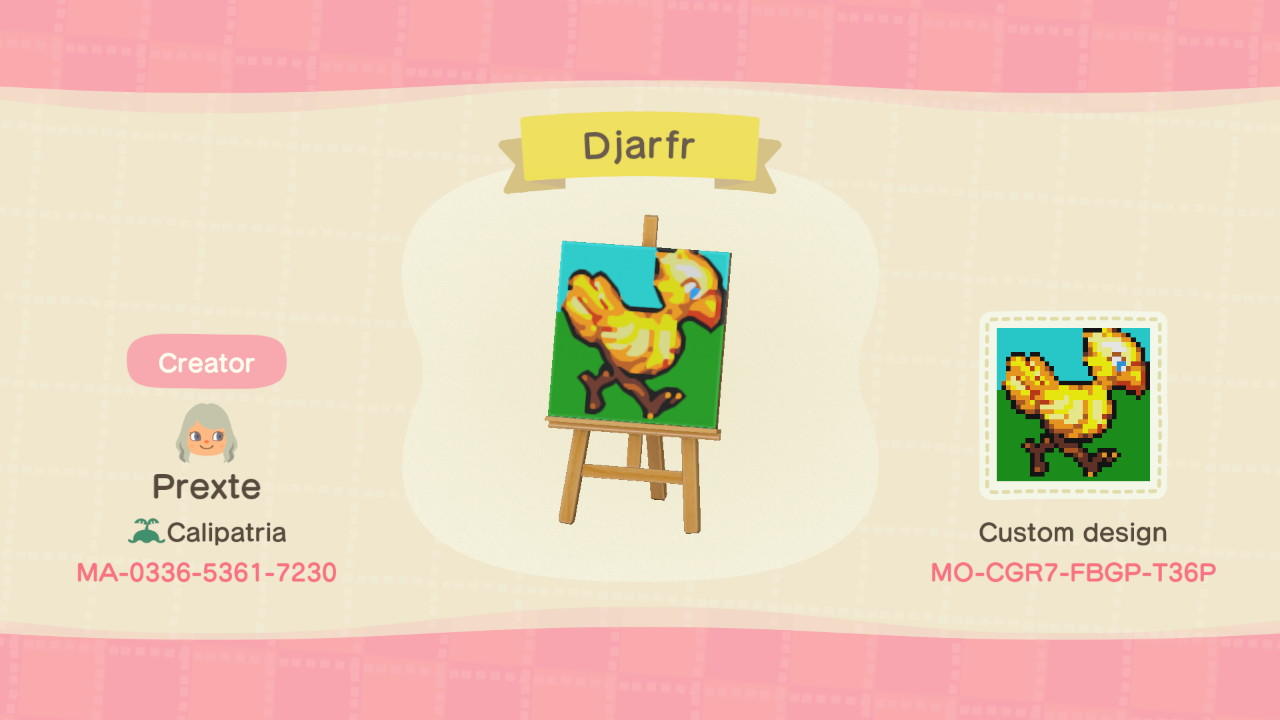 Animal Crossing Design Code: MO-CGR7-FBGP-T36P Chocobo - Djarfr