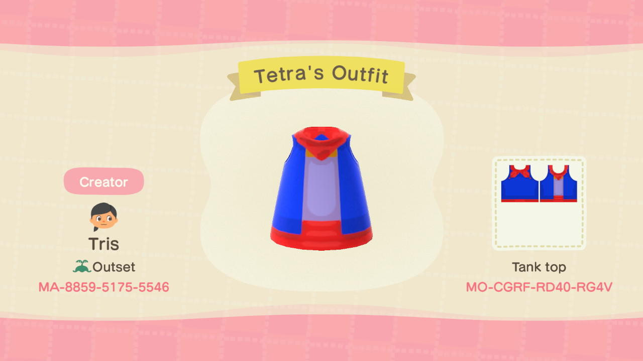 Animal Crossing Design Code: MO-CGRF-RD40-RG4V Tetra&#39;s Outfit