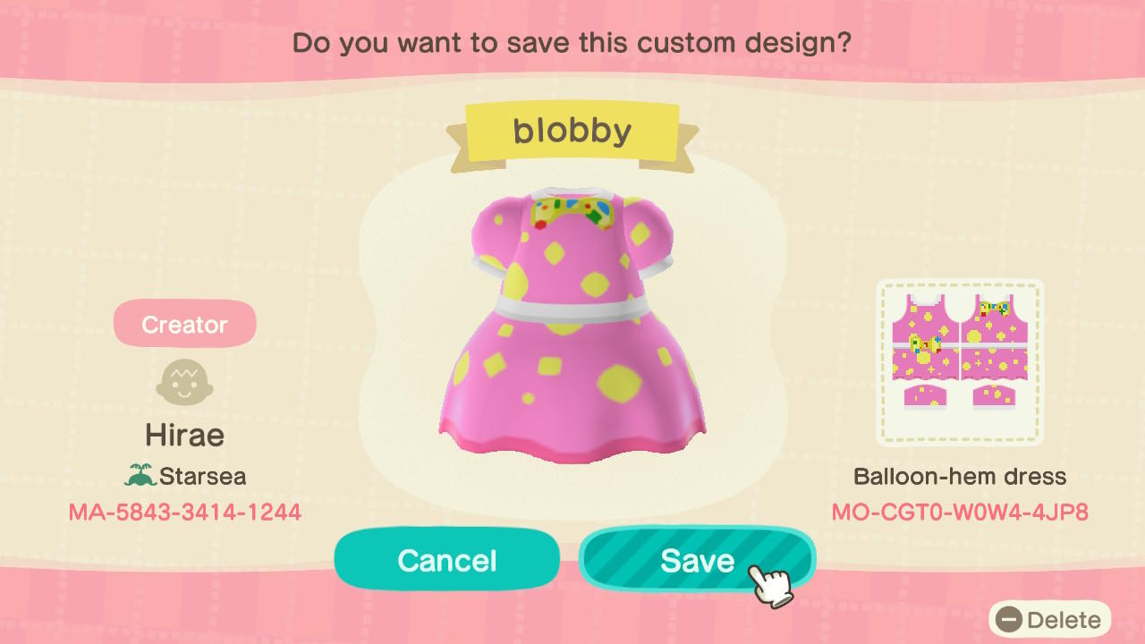 Animal Crossing Design Code: MO-CGT0-W0W4-4JP8 Mr. Blobby Dress
