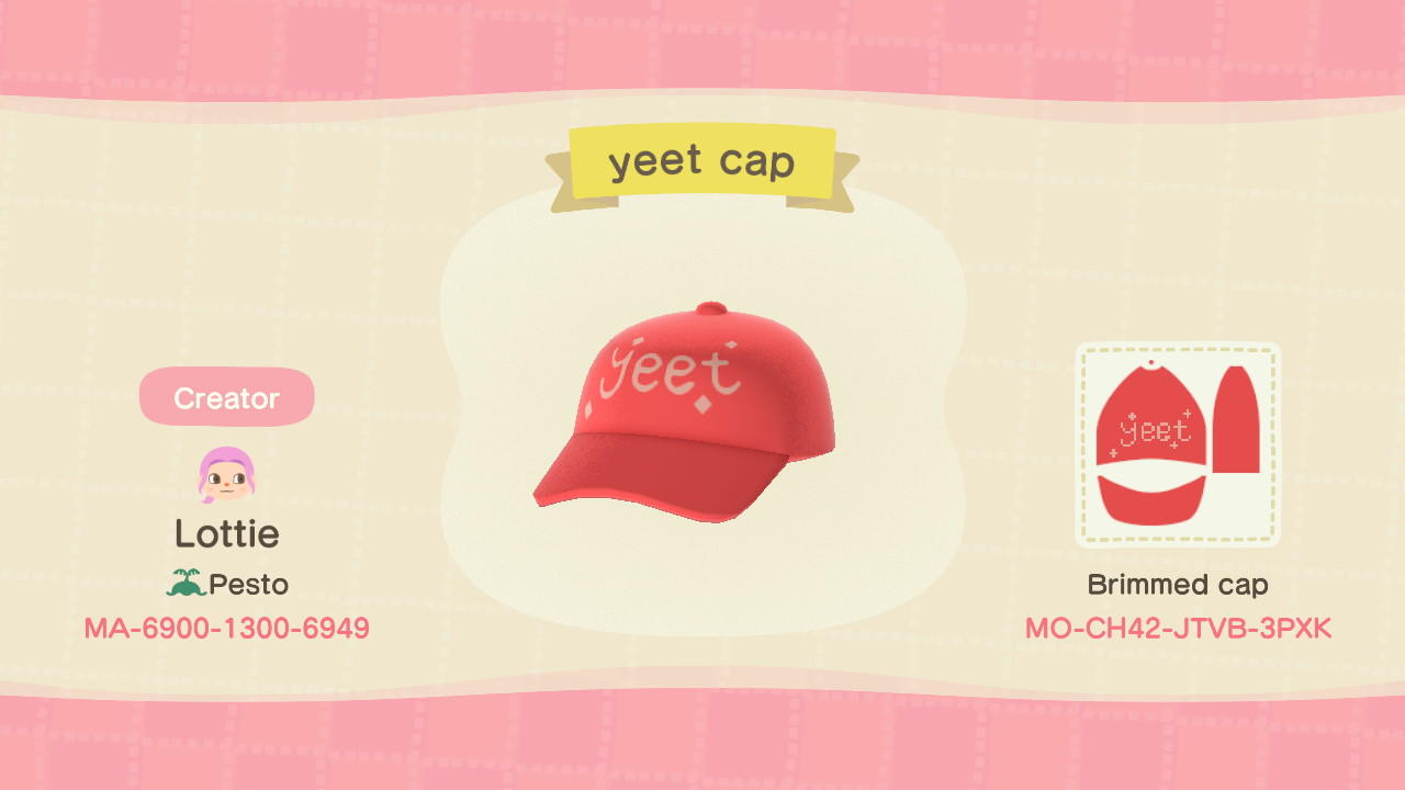 Animal Crossing Design Code: MO-CH42-JTVB-3PXK yeet cap