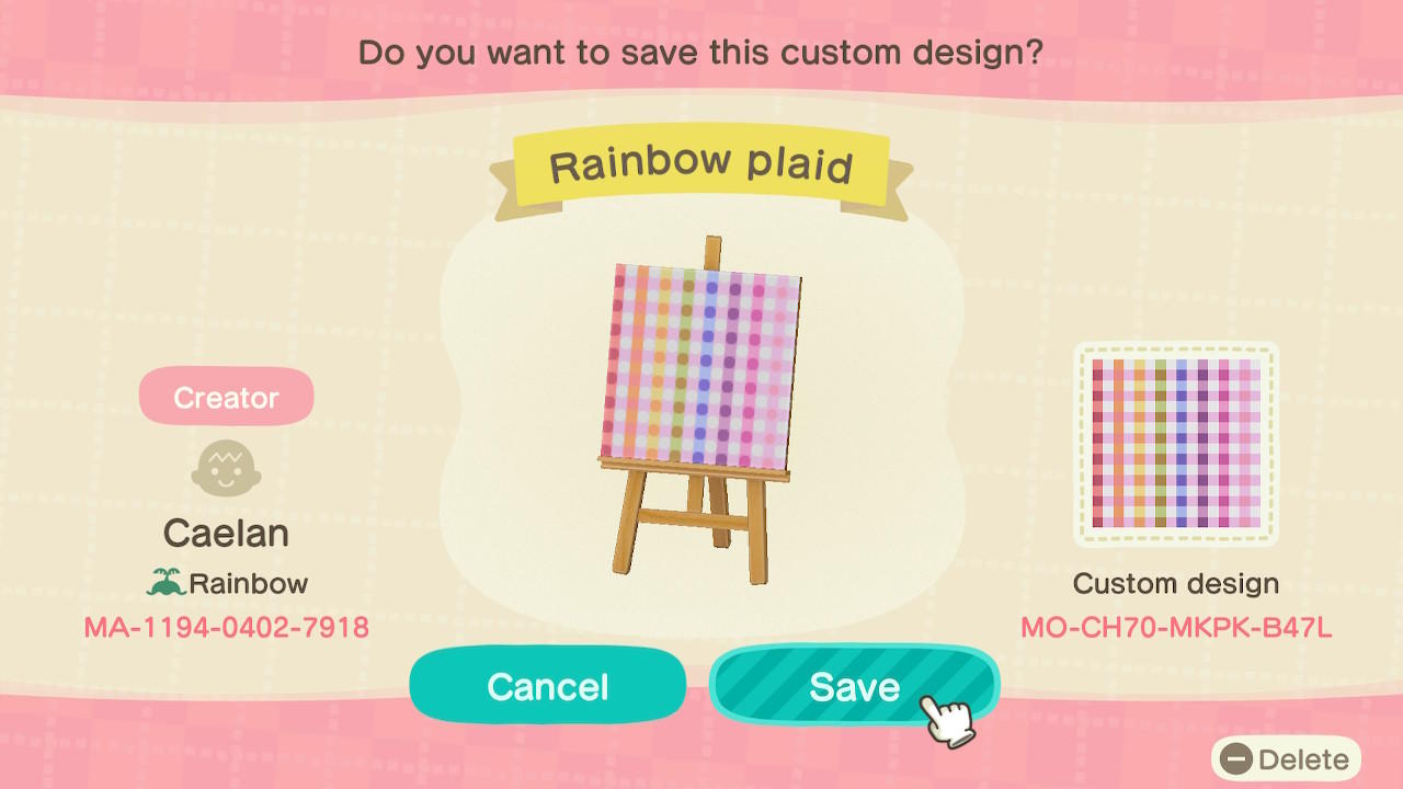 Animal Crossing Design Code: MO-CH70-MKPK-B47L Rainbow plaid