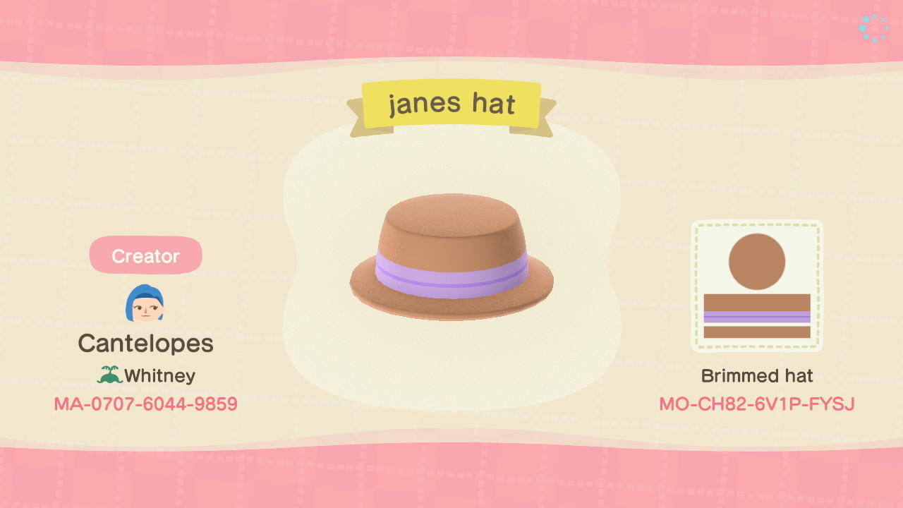 Animal Crossing Design Code: MO-CH82-6V1P-FYSJ janes hat