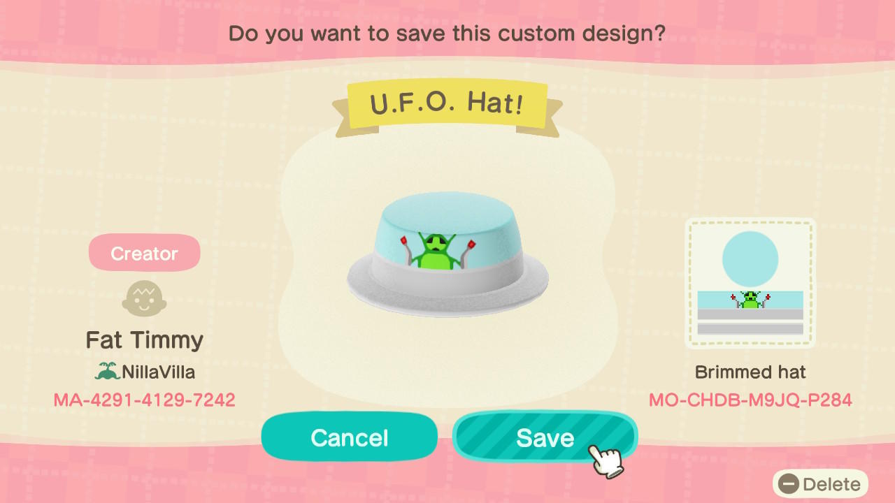 Animal Crossing Design Code: MO-CHDB-M9JQ-P284 U.F.O. Hat