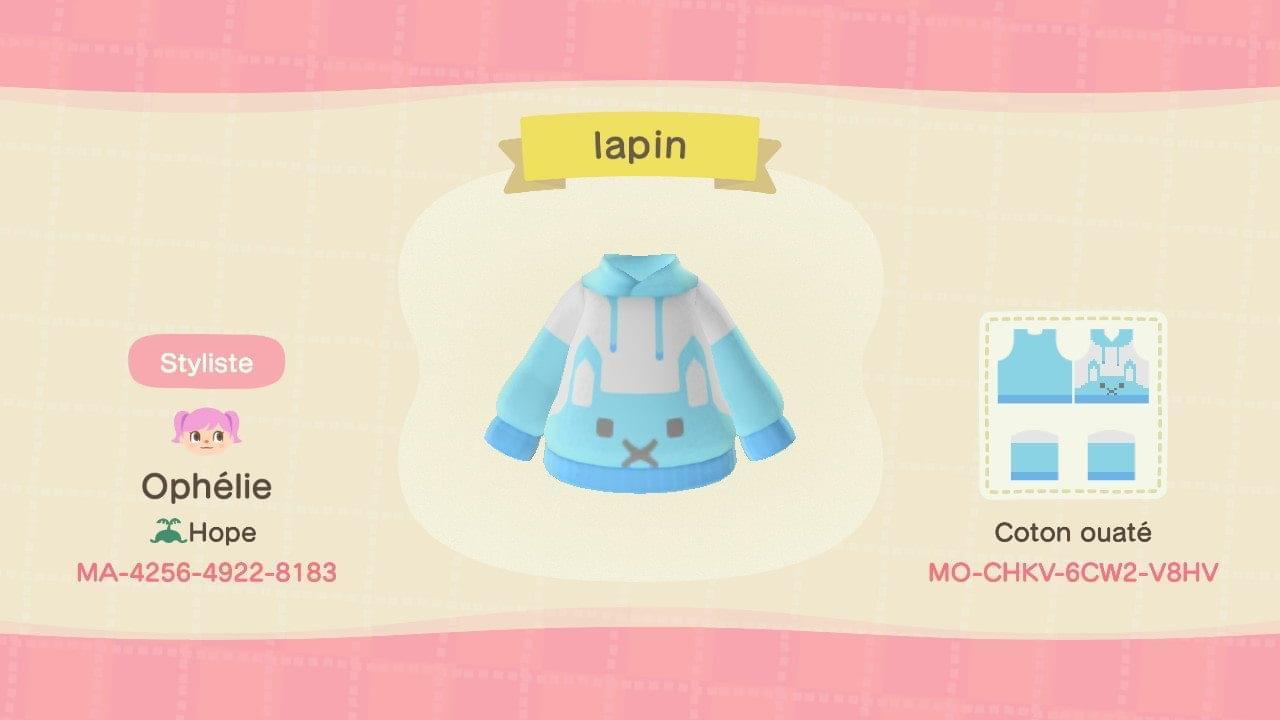 Animal Crossing Design Code: MO-CHKV-6CW2-V8HV Bunny hoodie