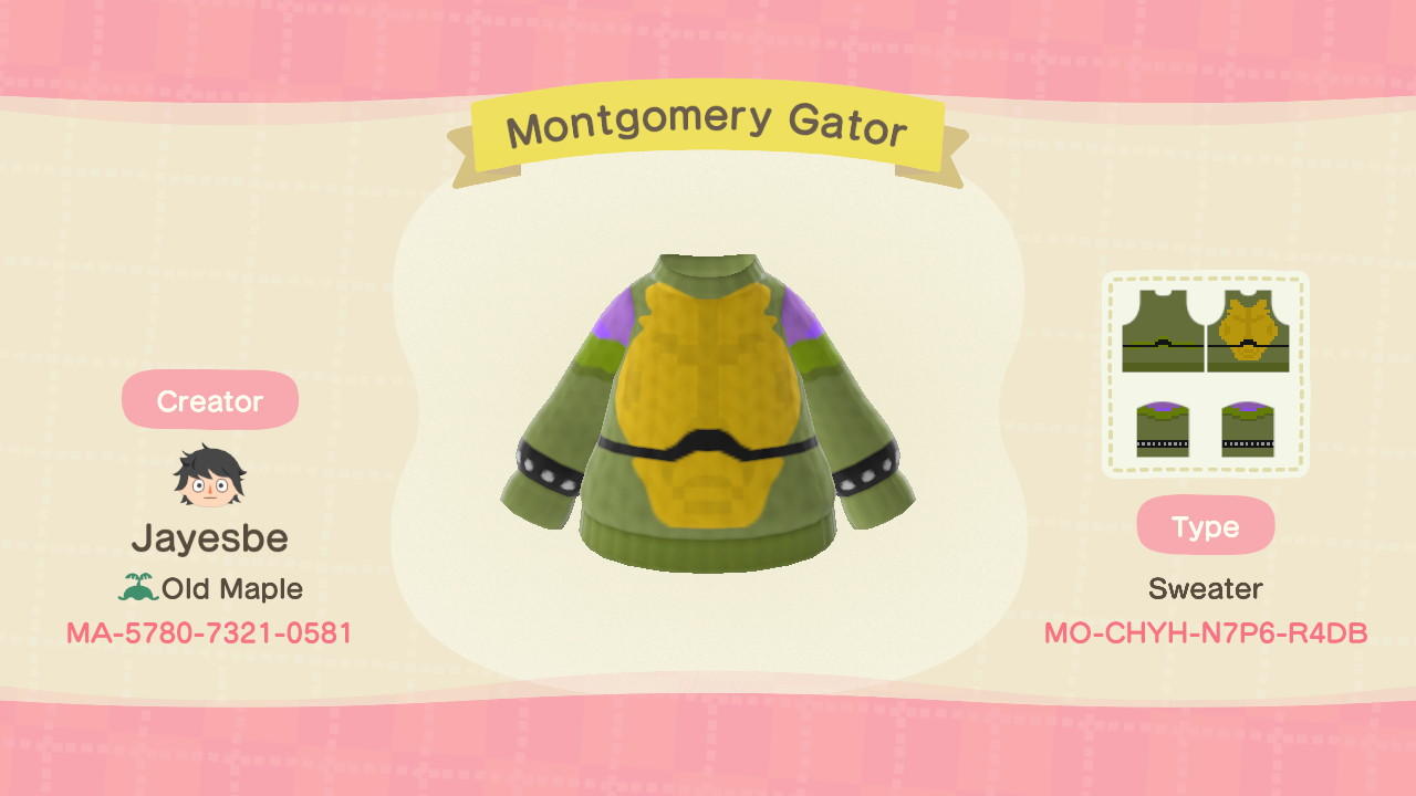 Animal Crossing Design Code: MO-CHYH-N7P6-R4DB Montgomery Gator
