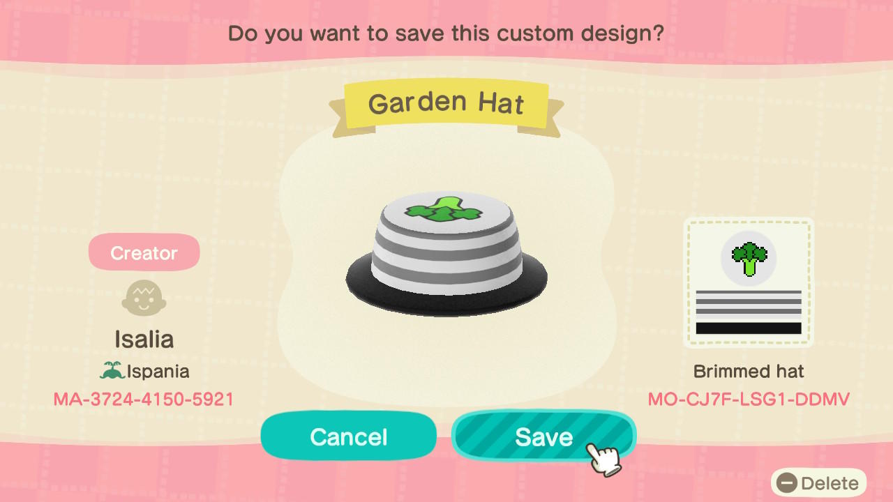 Animal Crossing Design Code: MO-CJ7F-LSG1-DDMV Garden Hat