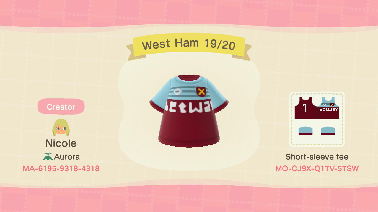 Animal Crossing Design Code: MO-CJ9X-Q1TV-5TSW West Ham Shirt 19/20