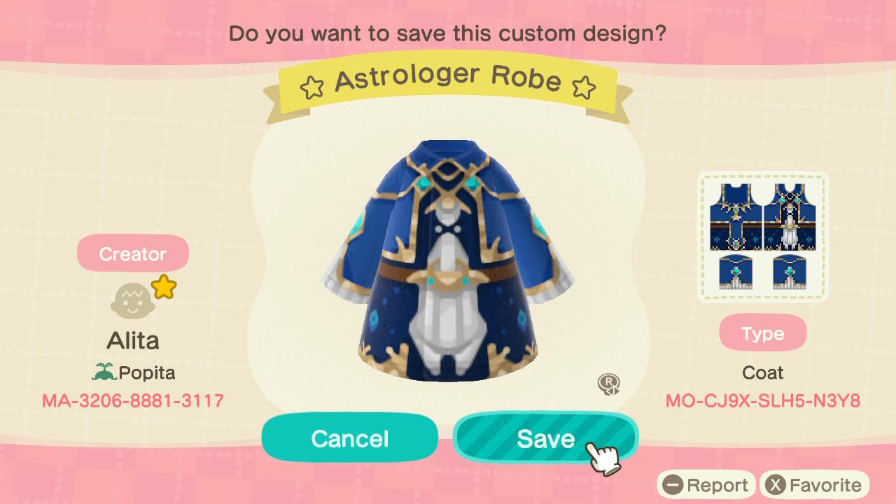 Animal Crossing Design Code: MO-CJ9X-SLH5-N3Y8 Astrologer Robe