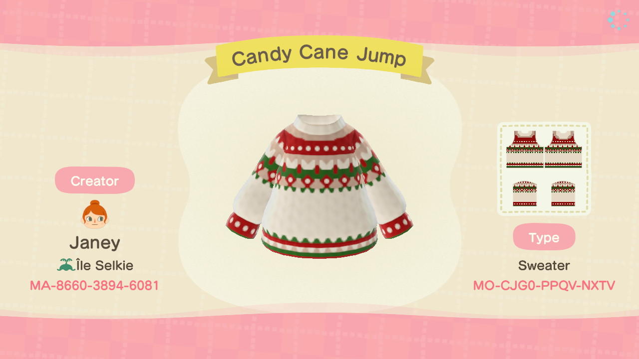 Animal Crossing Design Code: MO-CJG0-PPQV-NXTV Candy Cane Jumper