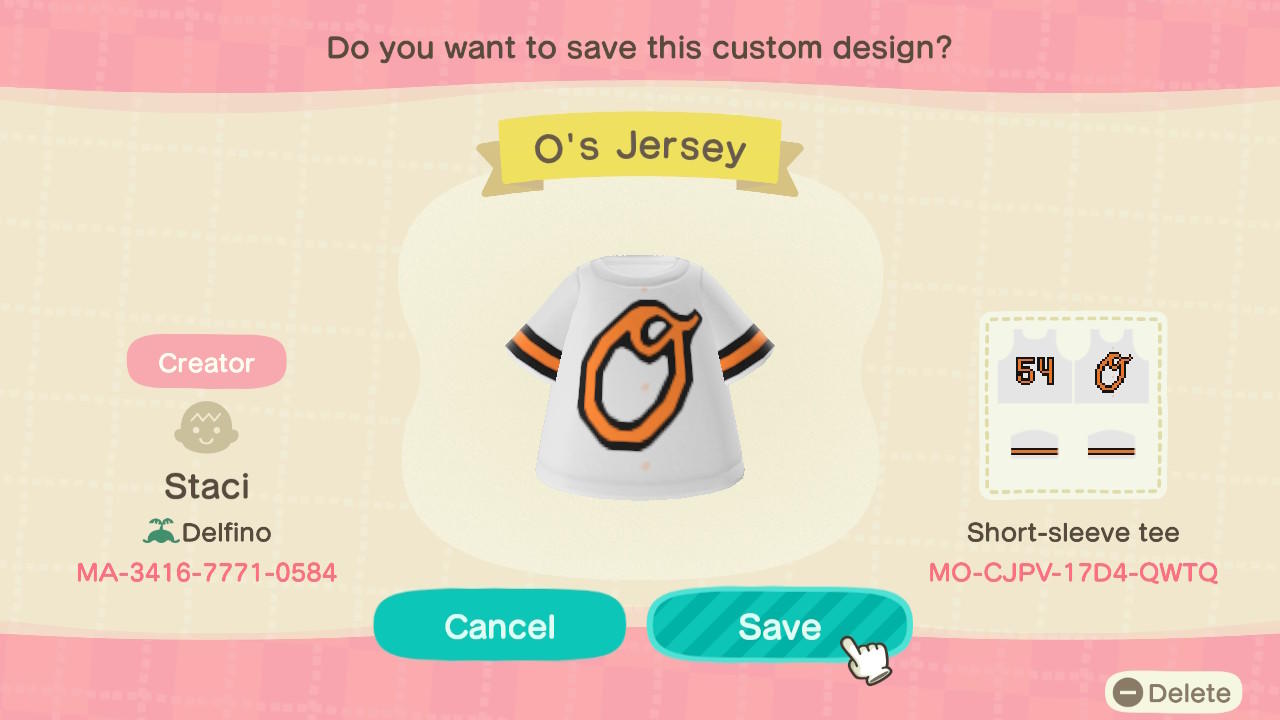 Animal Crossing Design Code: MO-CJPV-17D4-QWTQ O&#39;s Jersey