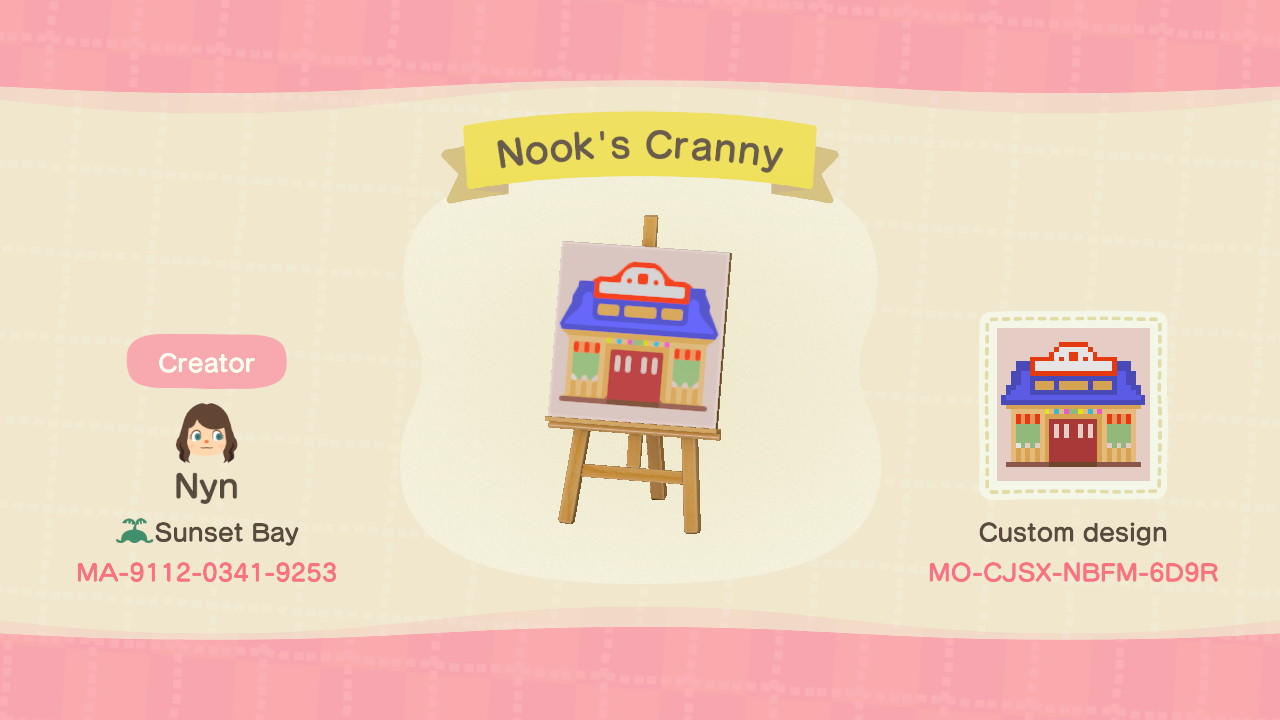 Animal Crossing Design Code: MO-CJSX-NBFM-6D9R Nook&#39;s Cranny