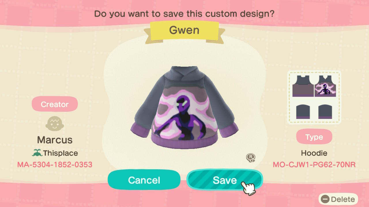 Animal Crossing Design Code: MO-CJW1-PG62-70NR Anodite Gwen