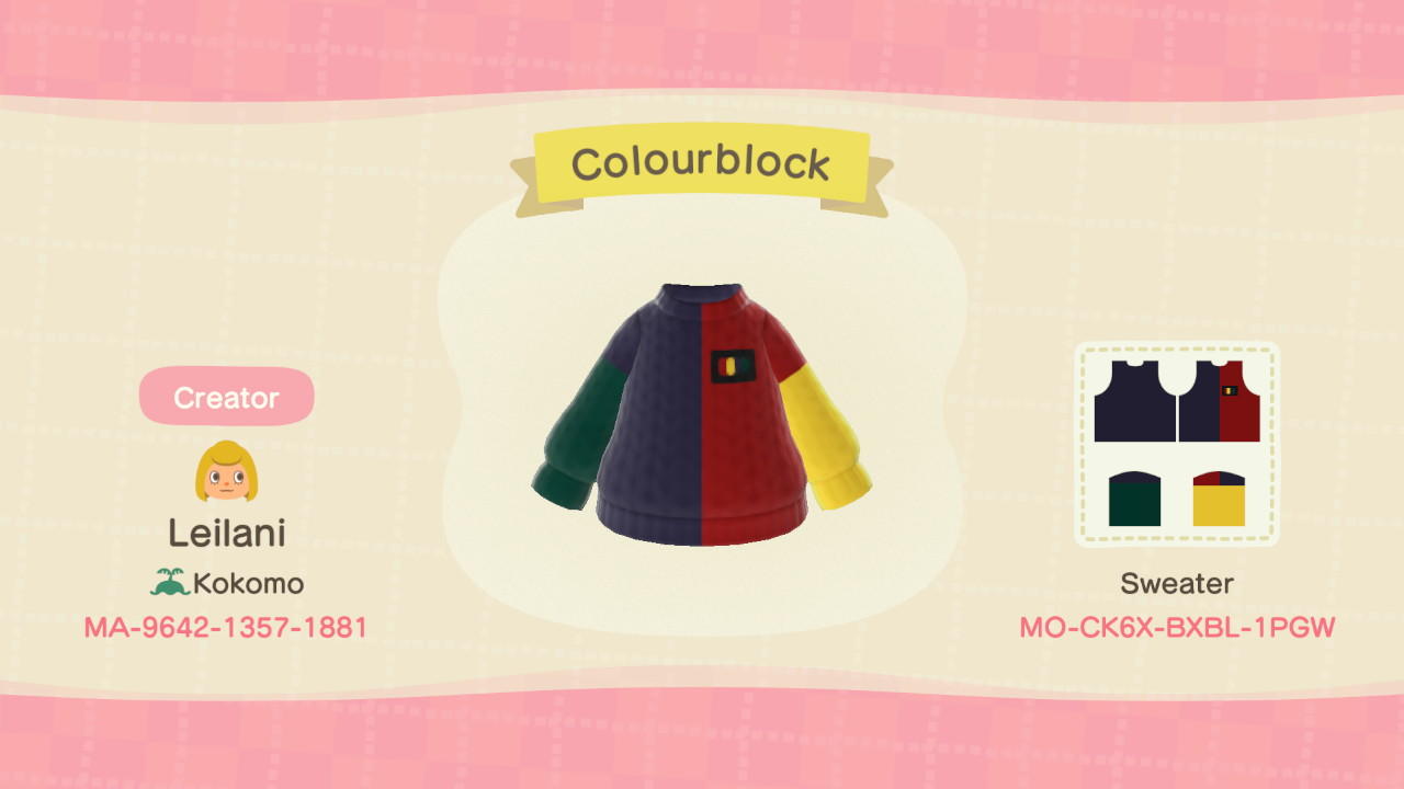 Animal Crossing Design Code: MO-CK6X-BXBL-1PGW Colourblock Sweater