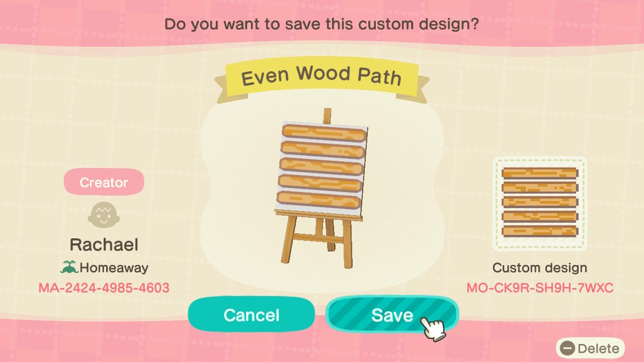 Animal Crossing Design Code: MO-CK9R-SH9H-7WXC Even Wood Path