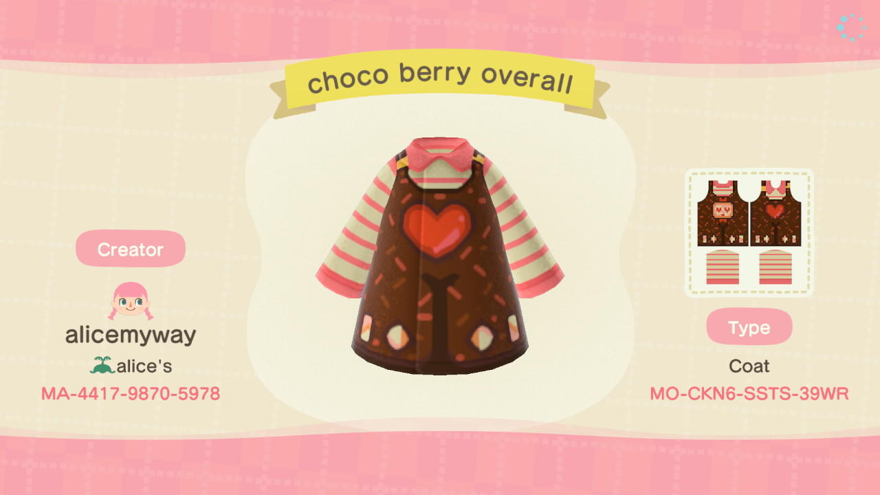 Animal Crossing Design Code: MO-CKN6-SSTS-39WR Choco-berry Overall
