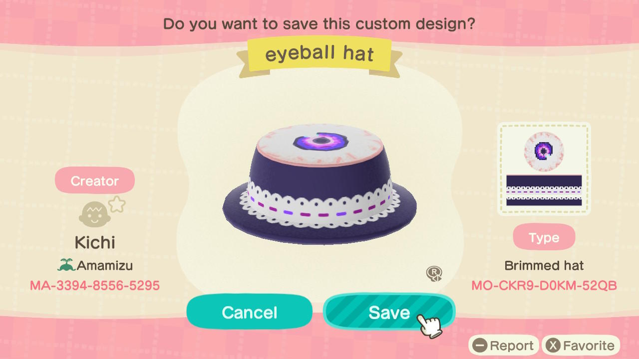 Animal Crossing Design Code: MO-CKR9-DK0M-52QB Eyeball Hat
