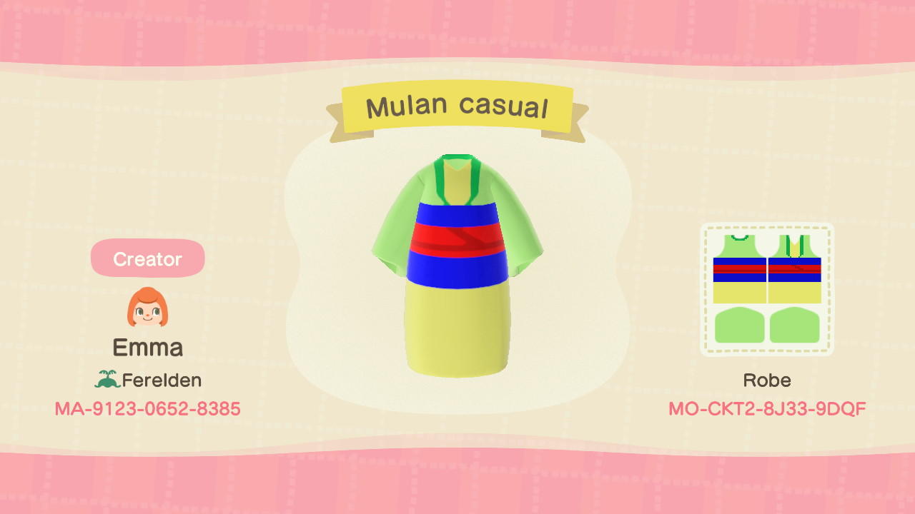 Animal Crossing Design Code: MO-CKT2-8J33-9DQF Mulan casual