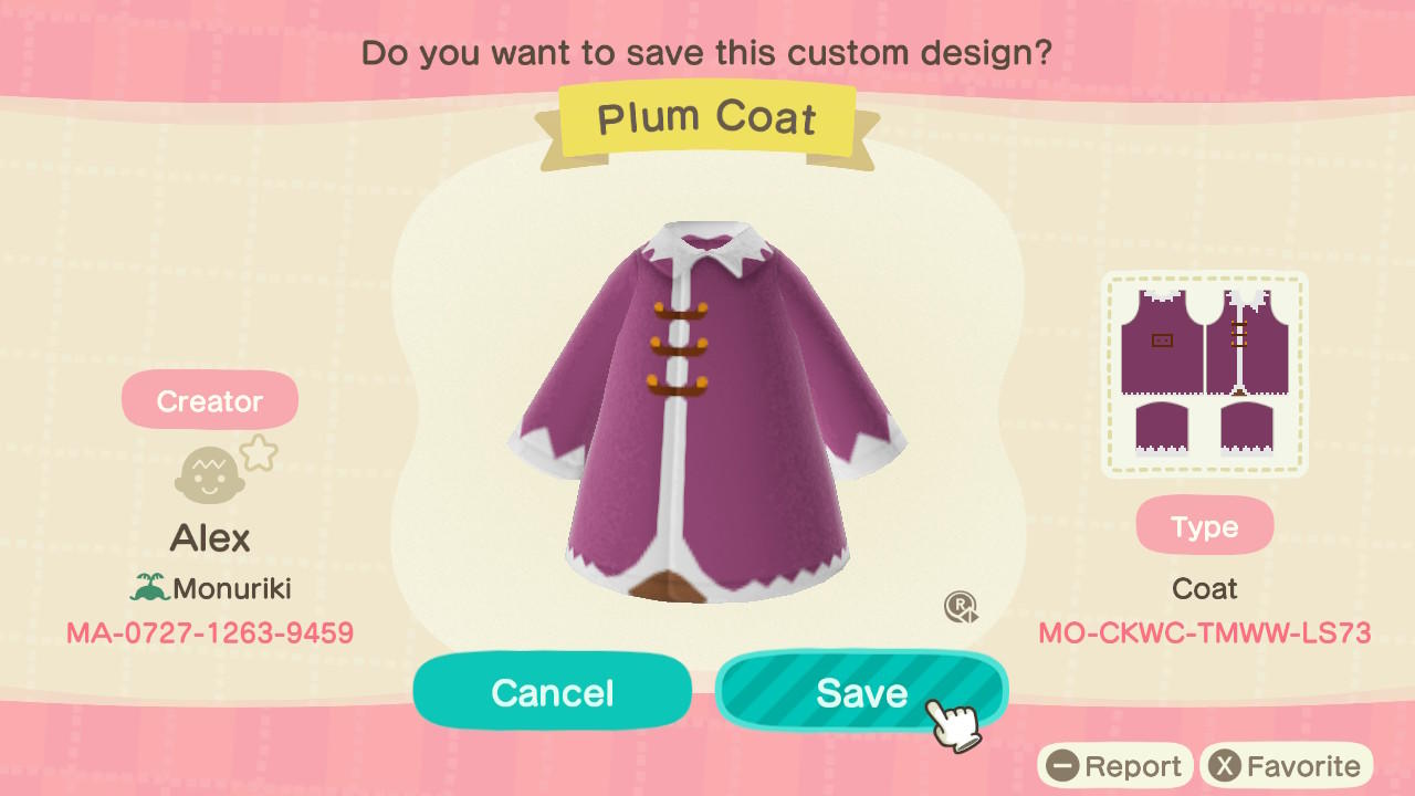 Animal Crossing Design Code: MO-CKWC-TMWW-LS73 Plum Coat