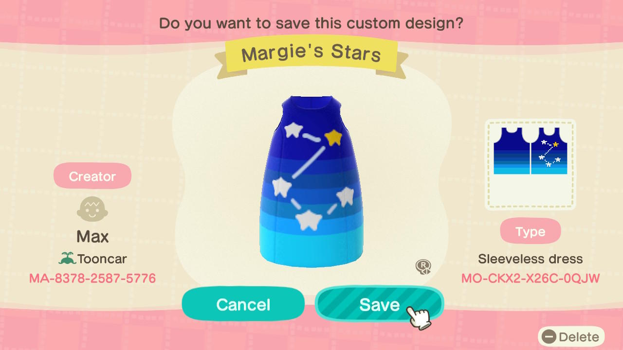 Animal Crossing Design Code: MO-CKX2-X26C-0QJW Margie's Stars