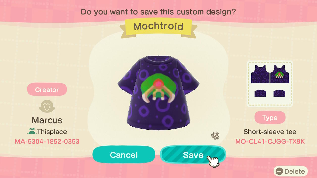 Animal Crossing Design Code: MO-CL41-CJGG-TX9K Mochtroid