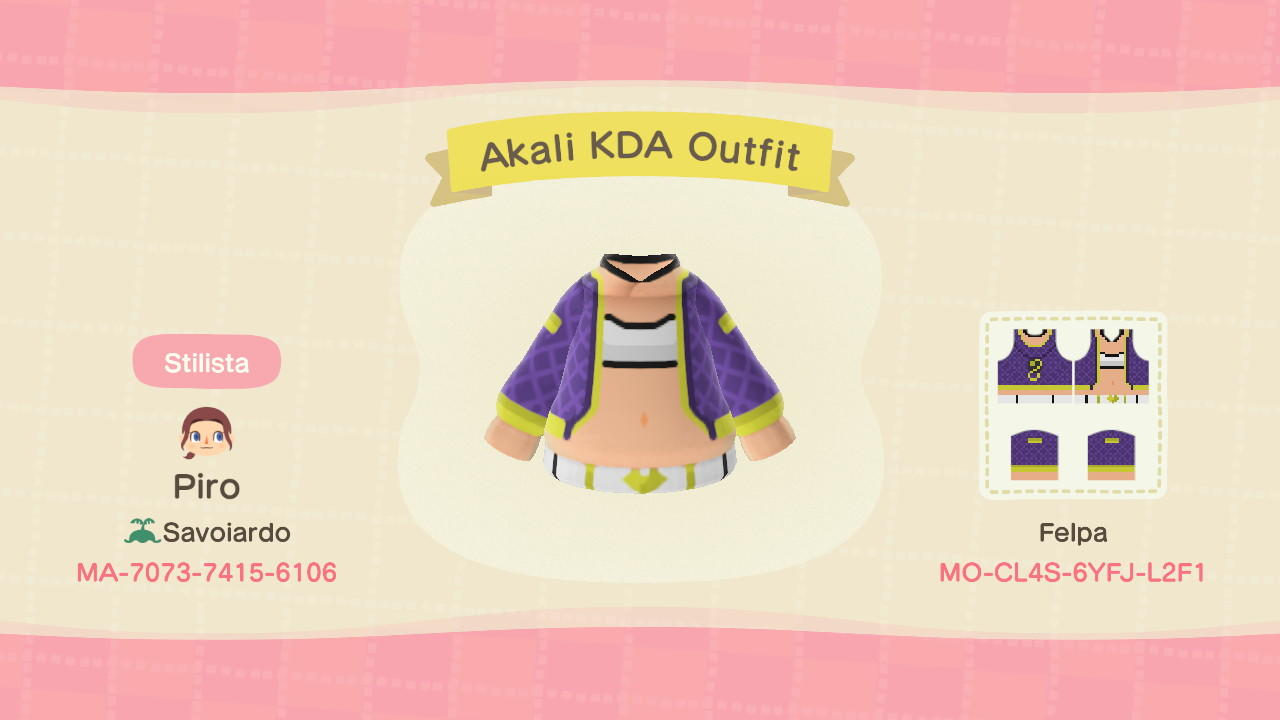 Animal Crossing Design Code: MO-CL4S-6YFJ-L2F1 Akali KDA outfit