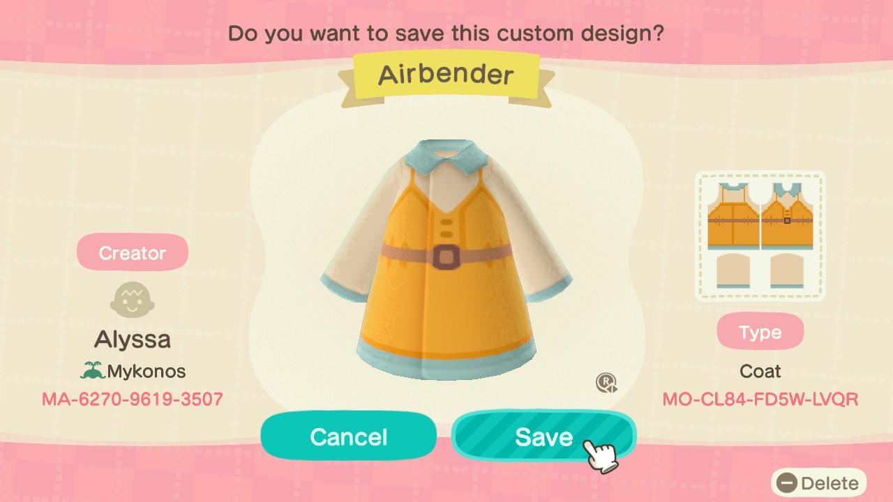 Animal Crossing Design Code: MO-CL84-FD5W-LVQR Air Bender Dress