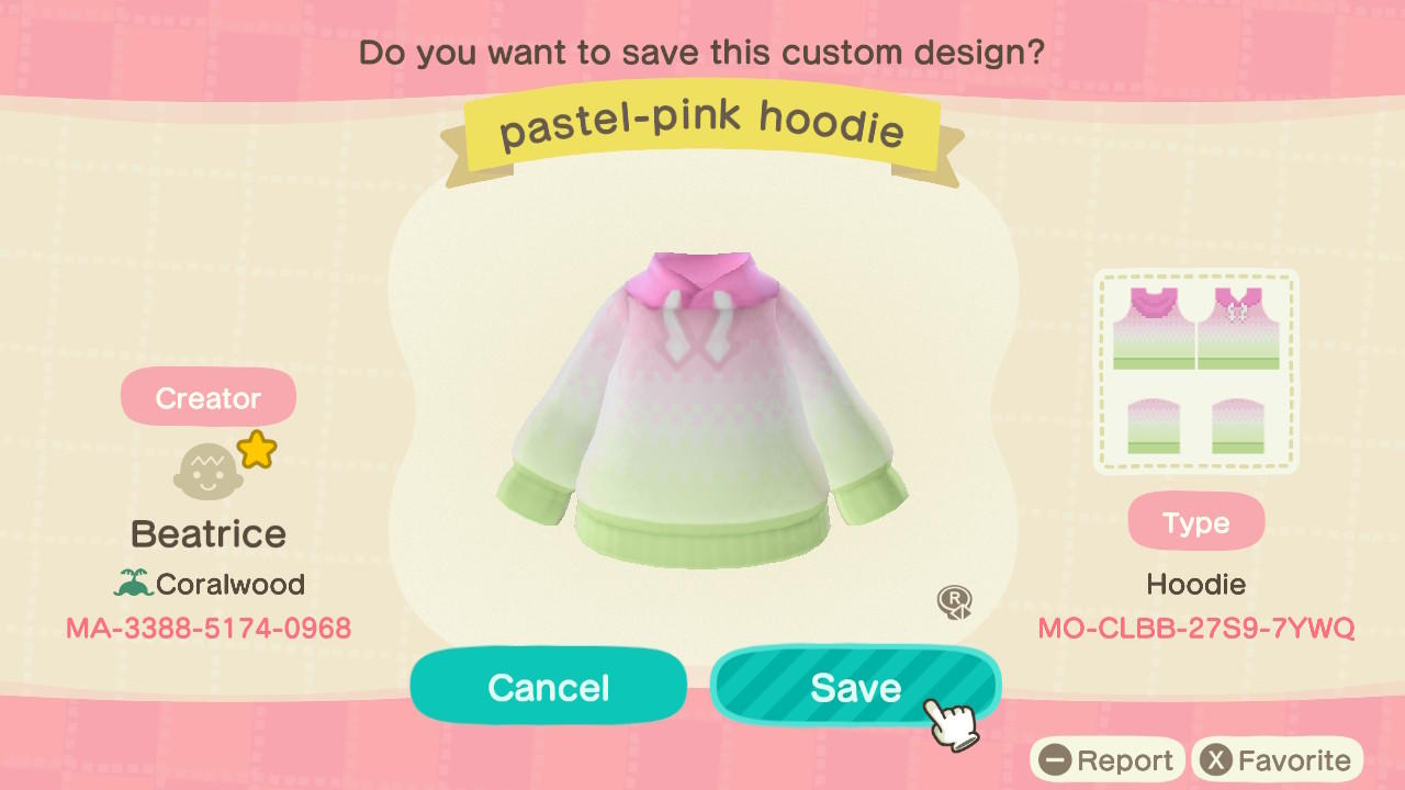 Animal Crossing Design Code: MO-CLBB-27S9-7YWQ pastel-pink hoodie