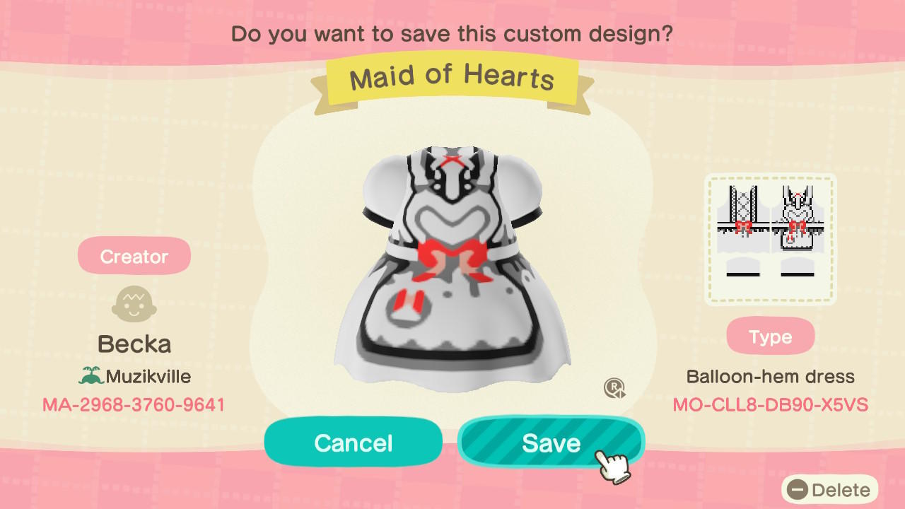 Animal Crossing Design Code: MO-CLL8-DB90-X5VS Maid of Hearts