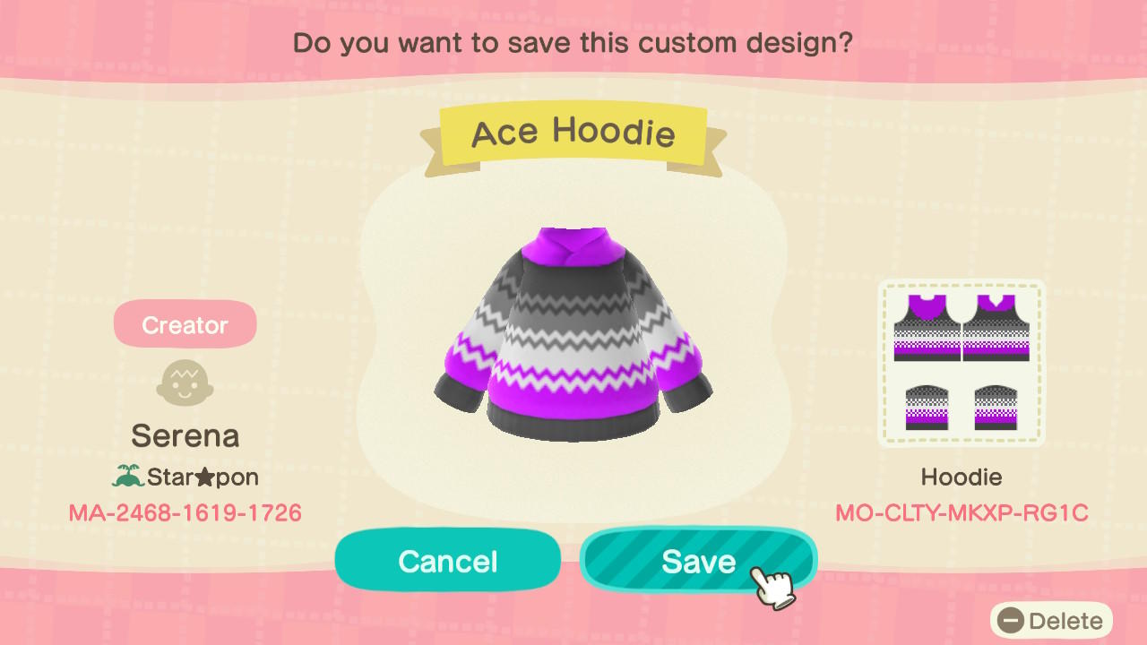 Animal Crossing Design Code: MO-CLTY-MKXP-RG1C Ace Hoodie