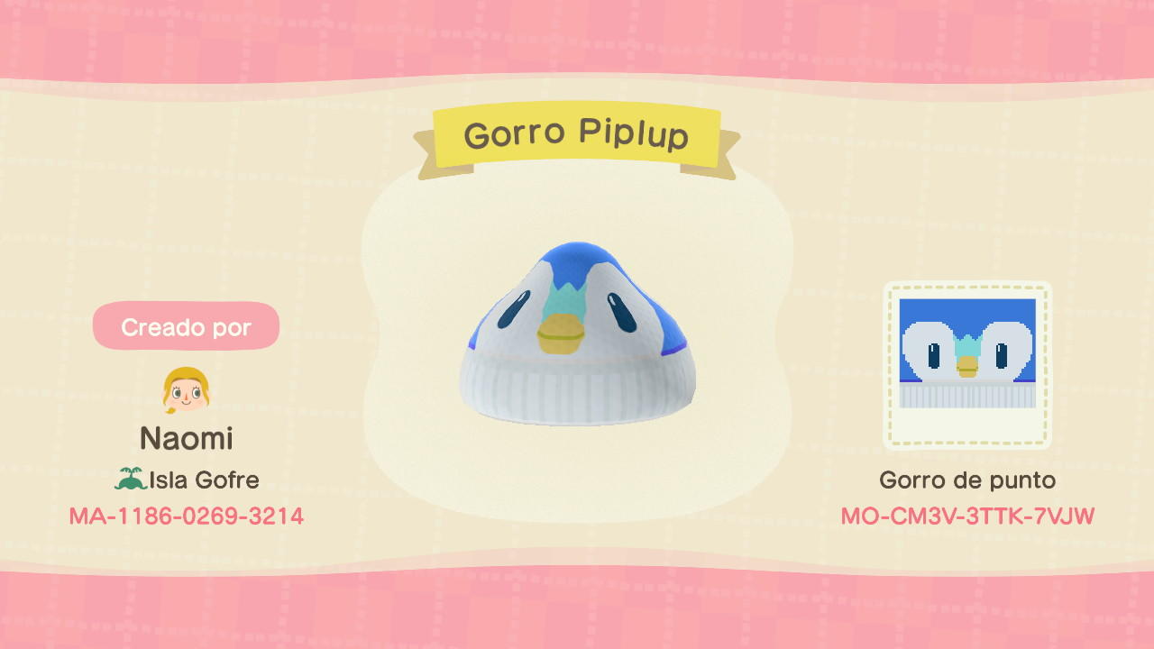 Animal Crossing Design Code: MO-CM3V-3TTK-7VJW Gorro Piplup