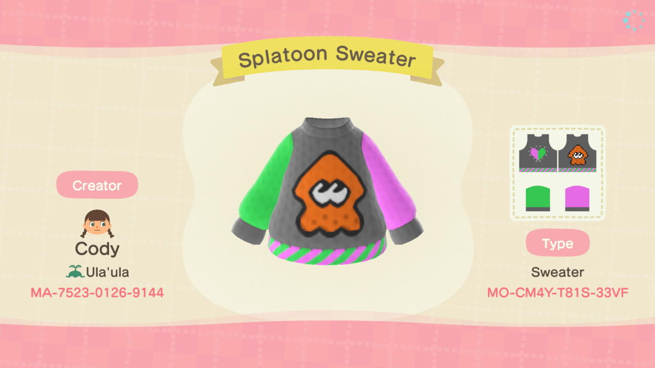 Animal Crossing Design Code: MO-CM4Y-T81S-33VF Splatoon Sweater