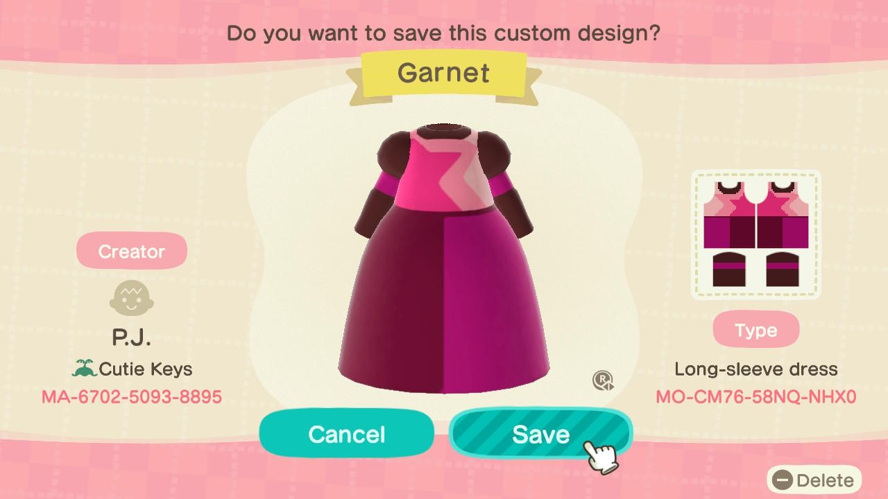 Animal Crossing Design Code: MO-CM76-58NQ-NHX0 Garnet