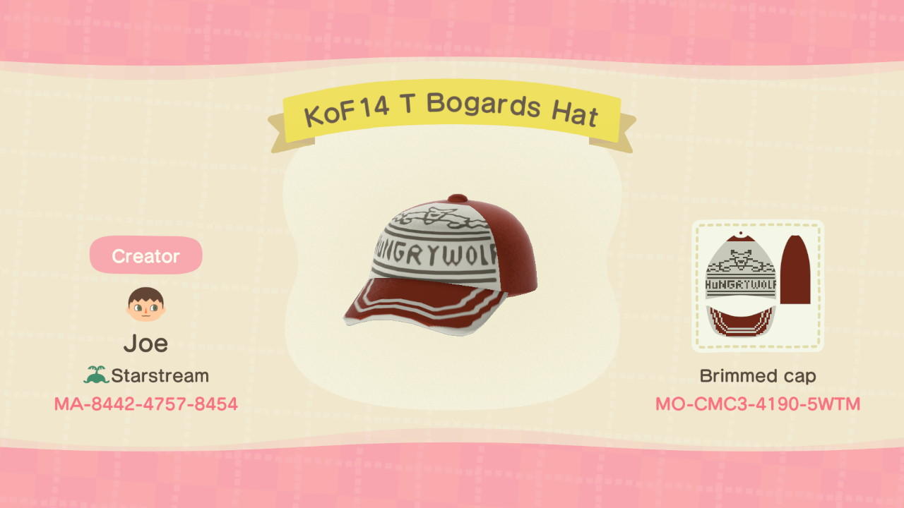Animal Crossing Design Code: MO-CMC3-4190-5WTM KOF 14 T Bogards Hat