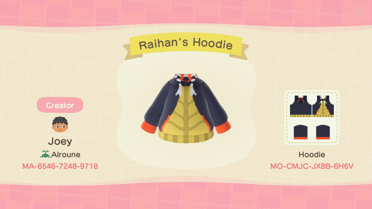 Animal Crossing Design Code: MO-CMJC-JX8B-6H6V Raihan&#39;s Hoodie