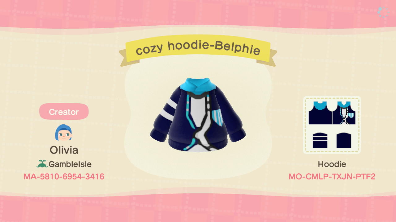Animal Crossing Design Code: MO-CMLP-TXJN-PTF2 cozy hoodie-Belphie