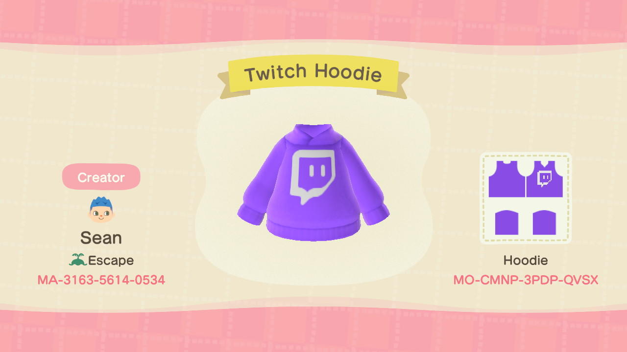 Animal Crossing Design Code: MO-CMNP-3PDP-QVSX Twitch Purple Hoodie