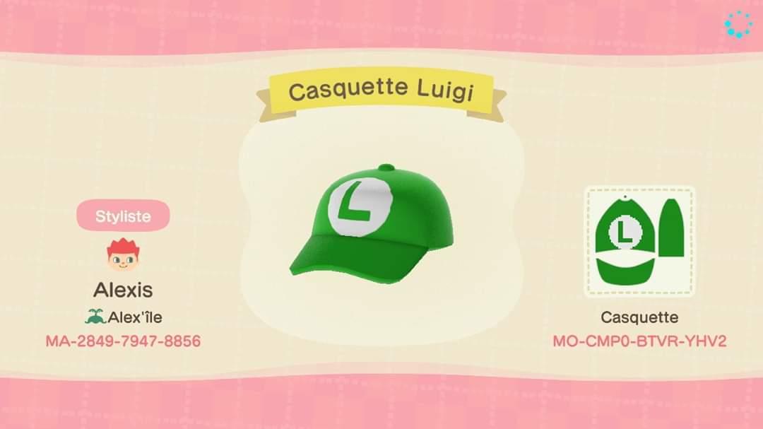 Animal Crossing Design Code: MO-CMP0-BTVR-YHV2 Casquette Luigi