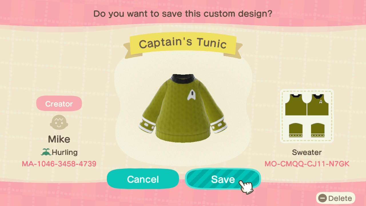 Animal Crossing Design Code: MO-CMQQ-CJ11-N7GK Captain&#39;s tunic