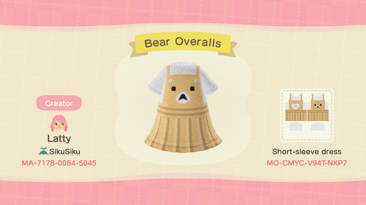Animal Crossing Design Code: MO-CMYC-V94T-NXP7 Bear Overalls