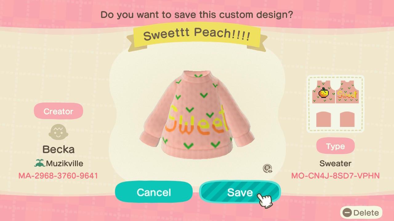 Animal Crossing Design Code: MO-CN4J-8SD7-VPHN Sweettt Peach!!!!