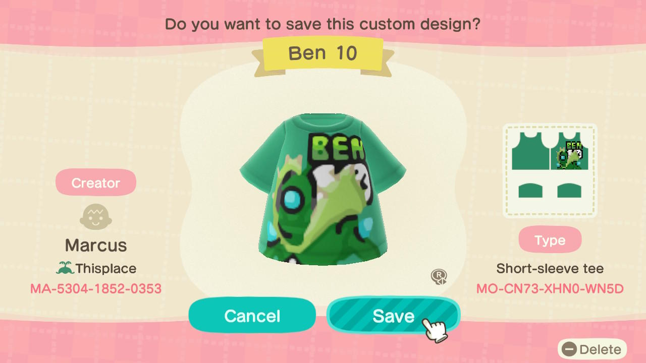 Animal Crossing Design Code: MO-CN73-XNH0-WN5D Ben 10 Wildvine