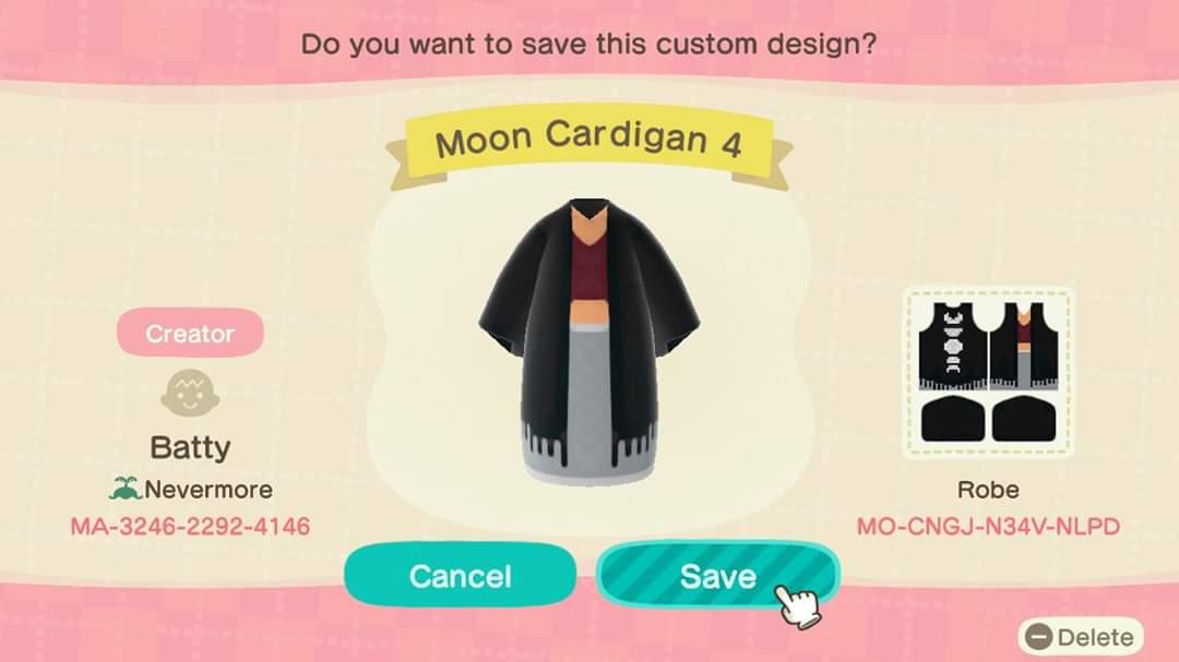 Animal Crossing Design Code: MO-CNGJ-N34V-NLPD Moon Cardigan 4