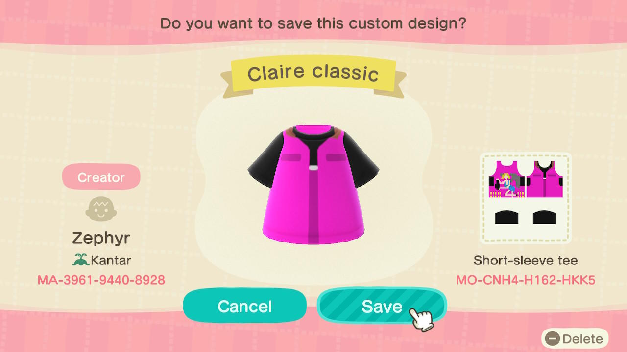 Animal Crossing Design Code: MO-CNH4-H162-HKK5 Claire Classic