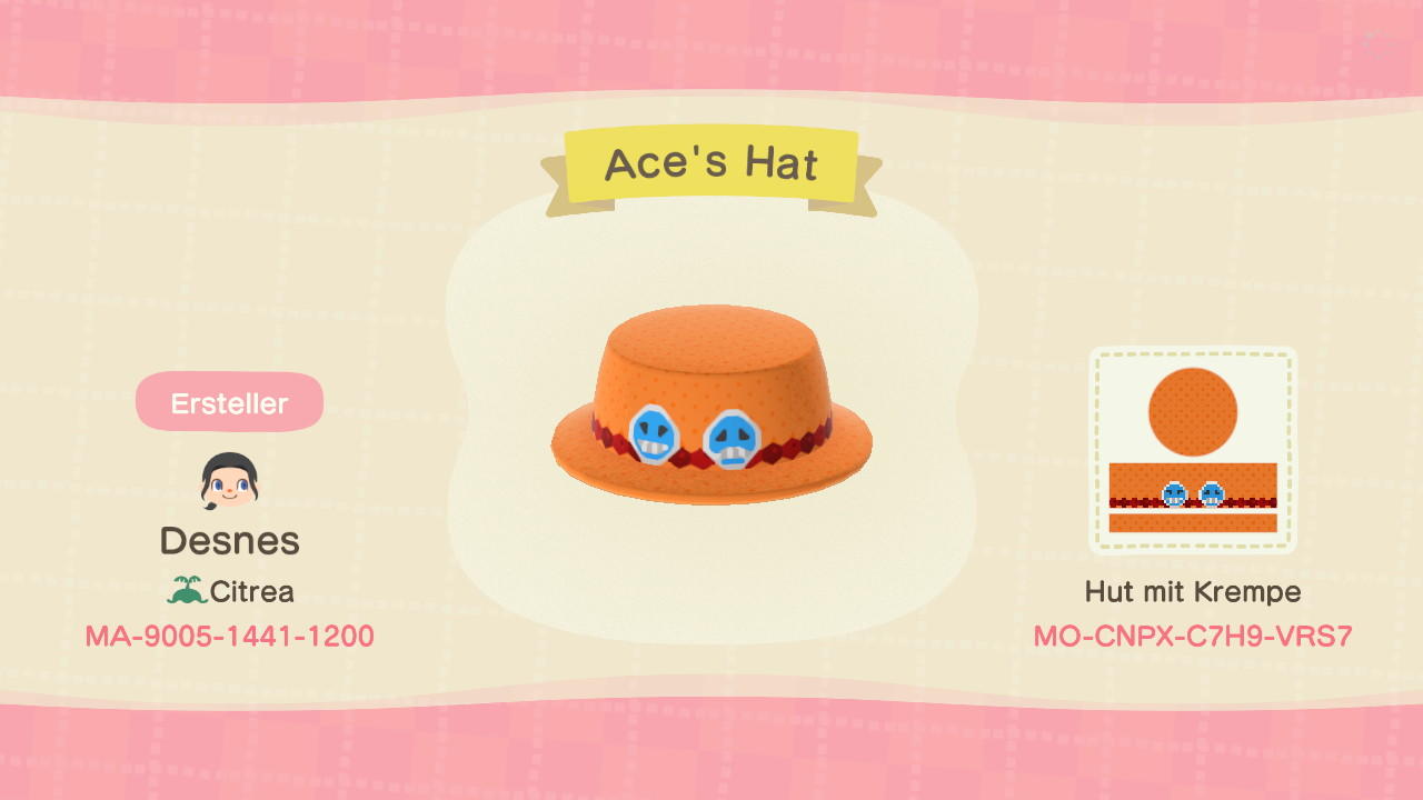 Animal Crossing Design Code: MO-CNPX-C7H9-VRS7 Ace&#39;s Hat